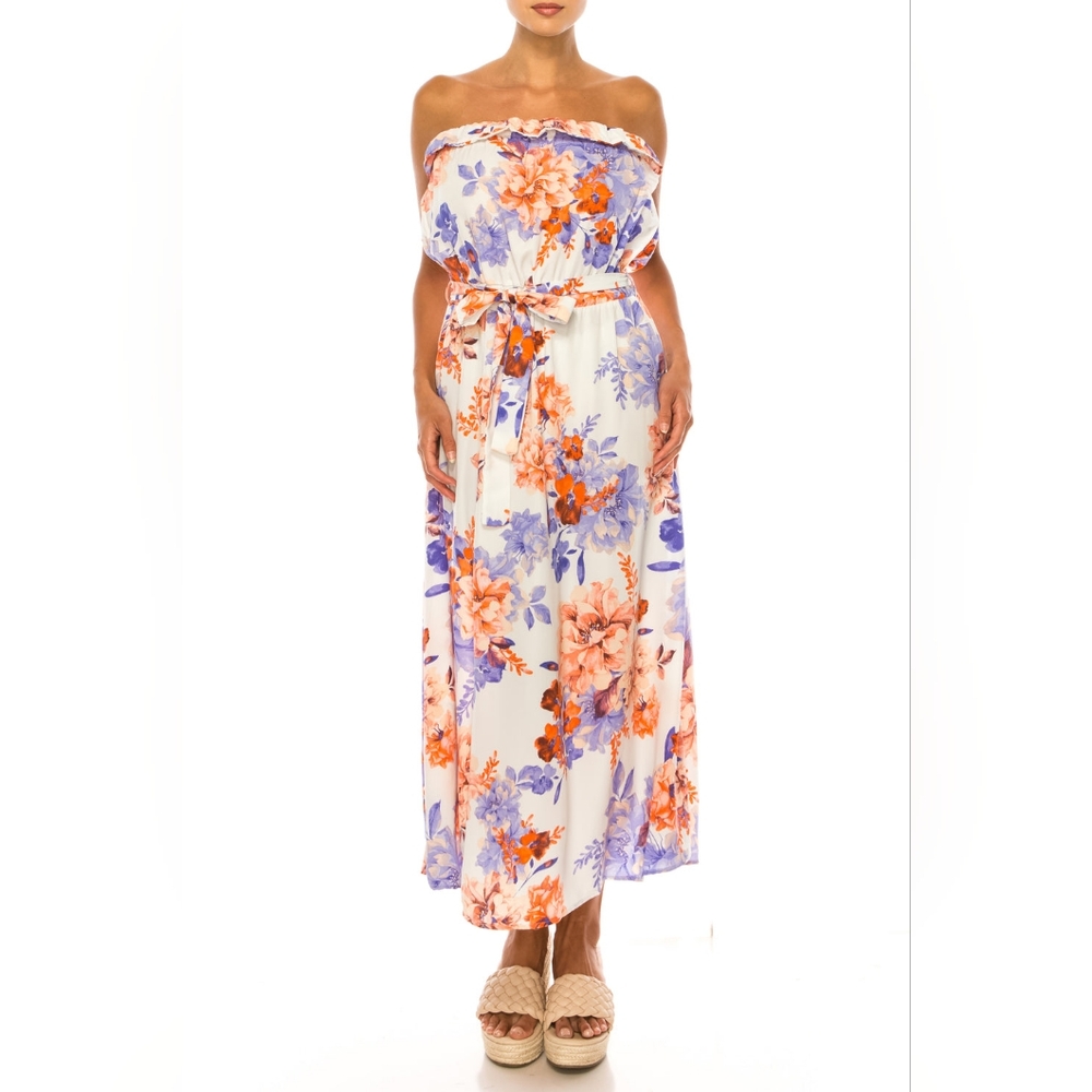Vivid Floral Belted A-Line Strapless Maxi Dress (1301p)